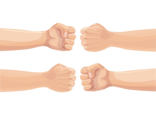 Two fists punching each other. Two clenched fists bumping. Conflict, protest, brotherhood or clash concept. Vector cartoon illustration.