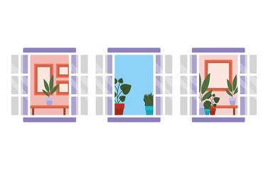 windows with interior view of plants and frames vector design