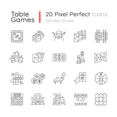 Table games pixel perfect linear icons set. Traditional fun time, party night activities customizable thin line contour symbols. Isolated vector outline illustrations. Editable stroke