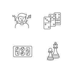 Entertainment activities pixel perfect linear icons set. Customizable thin line contour symbols. Song game, dominoes, mancala and chess. Isolated vector outline illustrations. Editable stroke