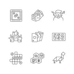 Entertaining games pixel perfect linear icons set. Traditional fun activities, different board games customizable thin line contour symbols. Isolated vector outline illustrations. Editable stroke