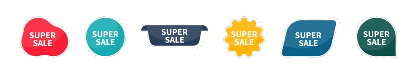 Super sale tag. Set of tag or banner. Set of 6 labels. Tags elements. Vintage style. Modern simple ribbons collection. Vector illustration