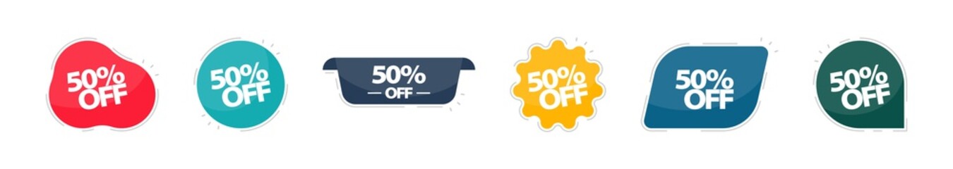 50 off tag. Set of tag or banner. Set of 6 labels. Tags elements. Vintage style. Modern simple ribbons collection. Vector