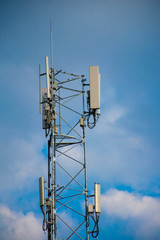 Telecommunication tower of 4G and 5G cellular. Antenna transmission communication. Cell phone signal base station.
