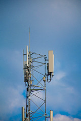 Telecommunication tower of 4G and 5G cellular. Antenna transmission communication. Cell phone signal base station.