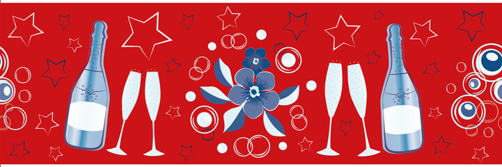 Fototapeta na wymiar Champagne icons and stars vector seamless border. Champagne flutes, bottles, fizz, flower bouquet red, blue, white banner. Stylish repeat edging, ribbon for party, celebration, 4th July concept