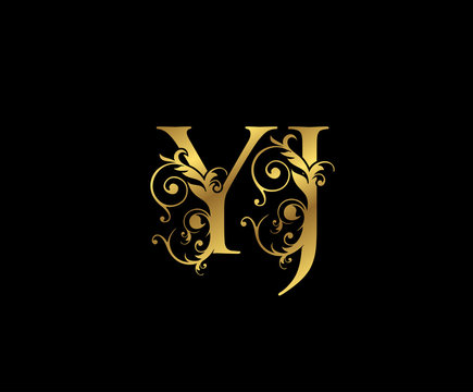 Luxury Gold Y, J and YJ  Letter Floral logo. Vintage Swirl drawn emblem for weeding card, brand name, letter stamp, Restaurant, Boutique, Hotel.