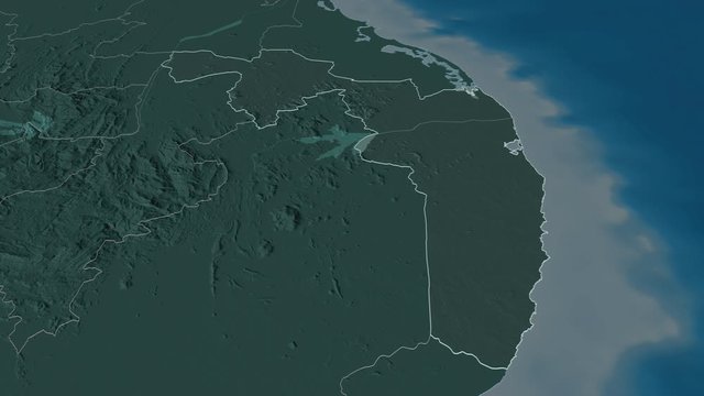 Ampara, district with its capital, zoomed and extruded on the administrative map of Sri Lanka in the conformal Stereographic projection. Animation 3D