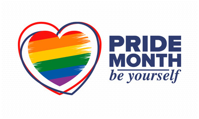 LGBT Pride Month in June. Lesbian Gay Bisexual Transgender. Celebrated annual. LGBT flag. Rainbow love concept. Human rights and tolerance. Poster, card, banner and background. Vector ilustration