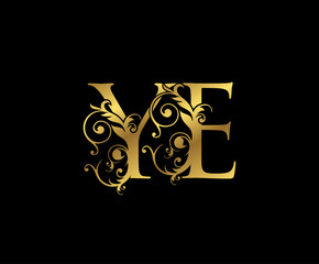 Luxury Gold Y, e and Ye  Letter Floral logo. Vintage Swirl drawn emblem for weeding card, brand name, letter stamp, Restaurant, Boutique, Hotel.
