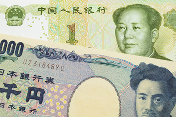 A macro image of a Japanese thousand yen note paired up with a green and white one yuan note from China.  Shot close up in macro.