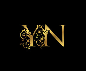 Luxury Gold Y, N and YN  Letter Floral logo. Vintage Swirl drawn emblem for weeding card, brand name, letter stamp, Restaurant, Boutique, Hotel.