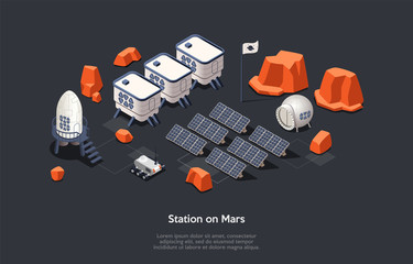 Isometric 3D Mars Colonization Mission And Stations On Mars Concept. Futuristic Stations Located On Mars Surface With Missile, Capsules, Moon Rover And Alternative Energy Sources. Vector Illustration © Intpro