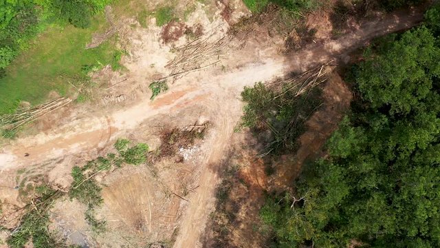 Aerial drone view of deforestation of a tropical rainforest...Deforestation is one of the biggest conributors to man-made climate change and loss of habitat.