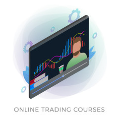 Online Trading Courses isometric vector icon. Distance learning cryptocurrency trading, buying and selling assets in the stock and forex markets, finance management. Isolated on white background.
