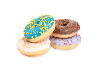 Sweet tasty glazed donuts on white background