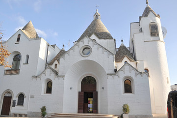 ALBEROBELLO, ITALY, EUROPE, AUTUMN 2019. Church of San Antonio de Padua, trullo church with the...