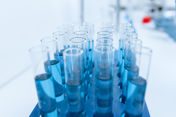 close up. tubes with tests on the table in the medical laboratory.