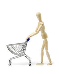 Shopping concept. Wooden doll and metal shopping cart