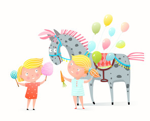 Two little girls kids sharing sweets and cotton candy with horse at fair or festival. Funny cartoon of children friends feeding animal. Vector in watercolor style isolated clipart.