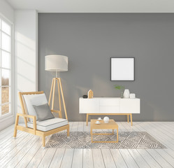 Minimal living room with armchair and floor lamp , white sideboard , gray wall and picture frame. 3d rendering