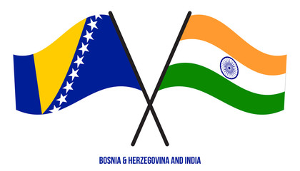 Bosnia & Herzegovina and India Flags Crossed And Waving Flat Style. Official Proportion Colors