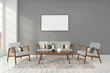 Minimal living room with sofa set  , gray wall and picture frame. 3d rendering
