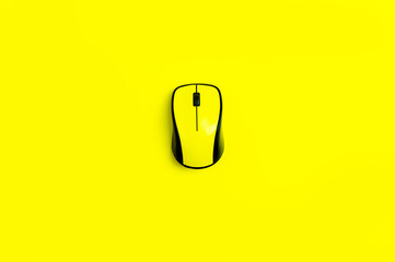 flat lay workspace yellow computer mouse on yellow background