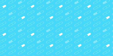 Medicine capsules outline seamless pattern blue vector background line art style