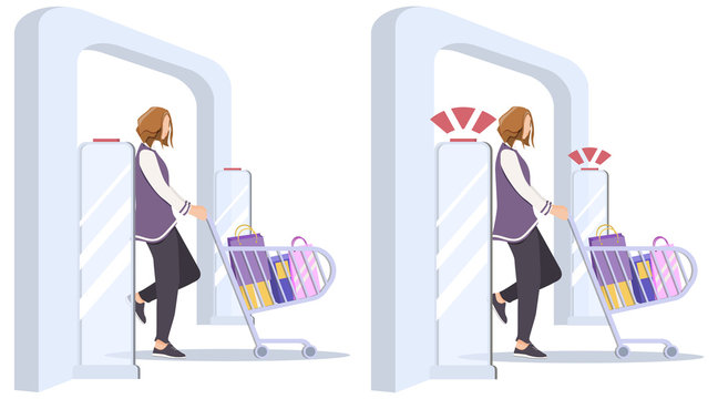 Woman goes through anti-theft sensor gates. System reports theft. Security system detect barcode and notify. Vector, illustration. No signal from gates - no stolen items.