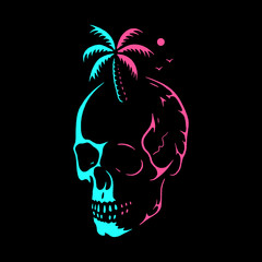 SKULL WITH PALM TREE NEON BLACK BACKGROUND