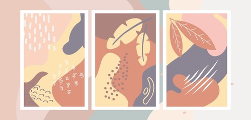 Set of Abstract backgrounds with hand drawn textures, memphis style. Universal pastel colors. Wallpaper fashion design.