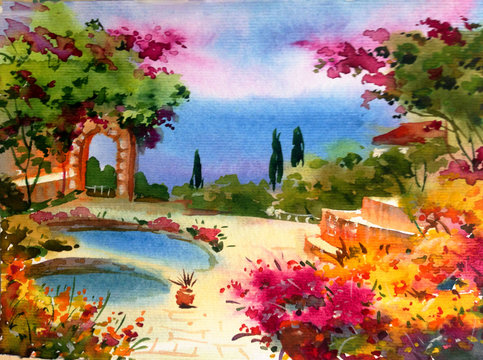 Watercolor colorful bright textured abstract background handmade . Mediterranean landscape . Painting of architecture and vegetation of the sea coast , made in the technique of watercolors from nature