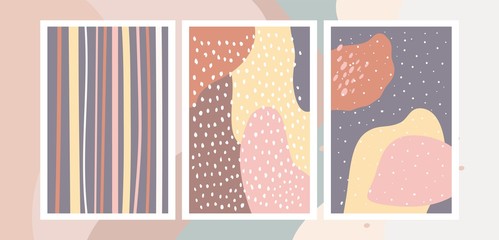 Set of Abstract backgrounds with hand drawn textures, memphis style. Universal pastel colors. Wallpaper fashion design.