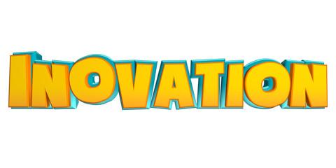 Inovation. Creative high detail yellow and blue comic font. Multilayer funny colorful 3d render text.