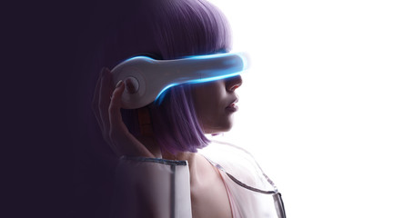 Beautiful woman with purple hair over white background. Girl in glasses of virtual reality. Augmented reality, game, future technology, AI concept. VR. Blue neon light. Double exposure portrait.
