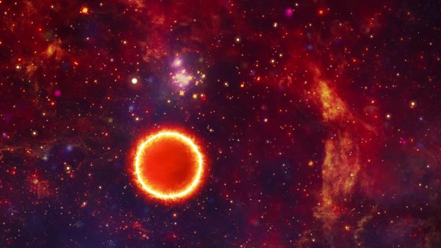 Galaxy Traveling with big sun sphere in space. Space flight into outer space. 4K 3D rendering of a space flight into a star field. Fly Through In Galaxy for scientific films. Completed with NASA image