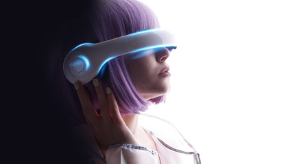 Beautiful woman with purple hair in futuristic costume over white background. Girl in glasses of virtual reality. Augmented reality, game, future technology, AI concept. VR. Blue neon light.