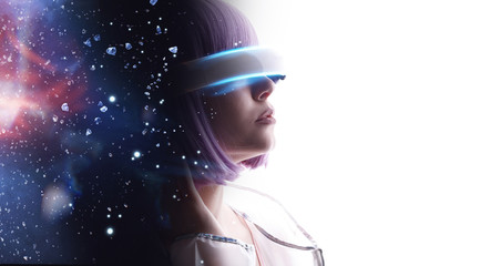 Naklejka premium Beautiful woman with purple hair over white background. Girl in glasses of virtual reality. Augmented reality, game, future technology, AI concept. VR. Blue neon light. Double exposure portrait.