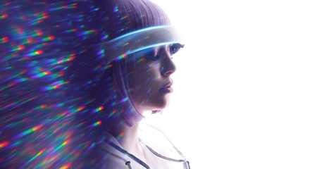 Beautiful woman with purple hair over white background. Girl in glasses of virtual reality. Augmented reality, game, future technology, AI concept. VR. Blue neon light. Double exposure portrait.