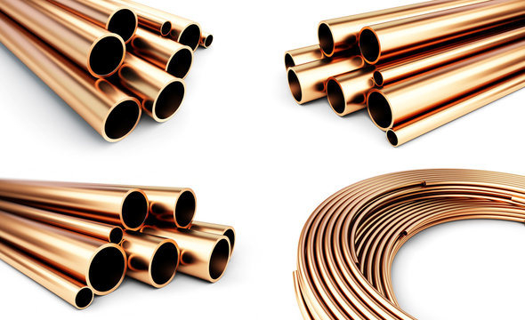 Copper metal pipes on white background. 3d Illustrations