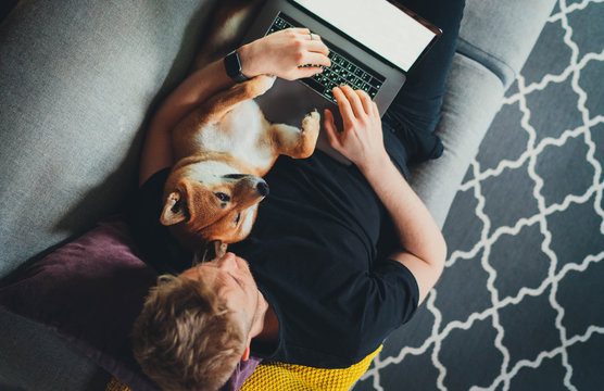 Young Man Lying On Sofa With Best Friend Shiba Inu Dog Working Remotely From Home, Man Using Laptop Computer Having Video Call Or Ordering Food Online Via App While Relaxing On Couch At Home With Pet