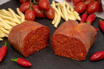 Calabrian nduja salumi whit fileja, chili pepper and tomato . Nduja is a particularly spicy,...