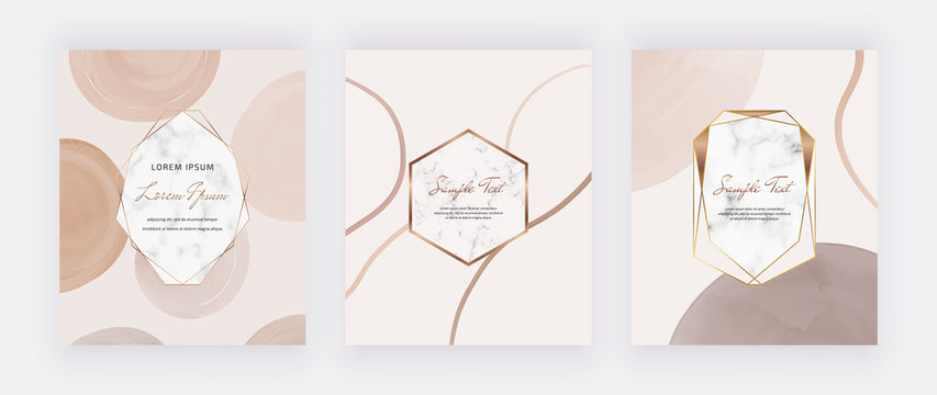 Mid Century Cards With Marble Frames And Nude With Brown Watercolor Shapes. Trendy Templates For Wedding Invitation, Greeting, Banner, Flyer, Poster, Save The Date
