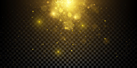 Sparkling golden particles isolated on dark transparent background