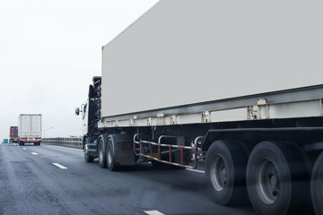 Naklejka na ściany i meble Truck on highway road with white container, transportation concept.,import,export logistic industrial Transporting Land transport on asphalt expressway