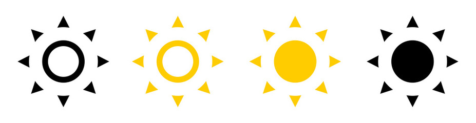 Sun collection. Sun vector icons, isolated on white background. Sun rays yellow and black color in flat design. Vector illustration