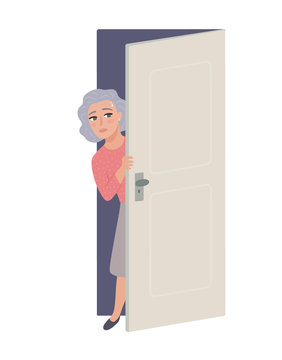 Elderly Lady Peaking Out From Behind Door. Old Woman Afraid To Leave Home Or Sneaking Out. Stay Home, Social Isolation