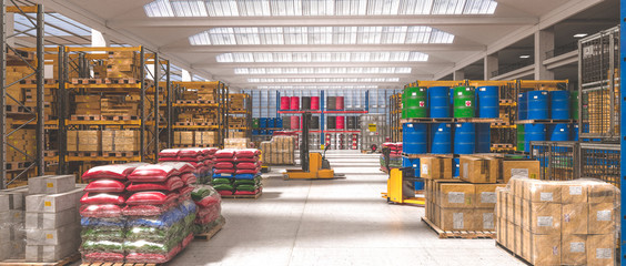 interior of an industrial warehouse where different goods are stored.