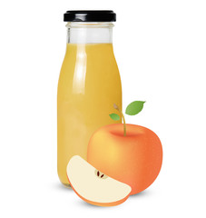 Composition of ripe apples and bottles with apple juice on a white isolated background. Clipping path. Bright saturated colors. Design element.
